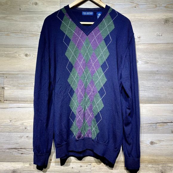 John Ashford Sweater Mens XXL Merino Wool Blue Argyle V-Neck Italy Golf Vintage - Picture 1 of 8